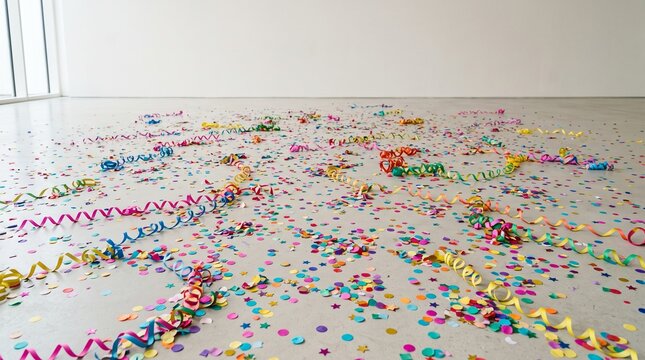 Party aftermath on floor with colorful confetti and streamers scattered everywhere