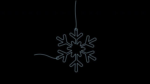 Continuous line art hanging blue snowflake animation with transparent background, minimal winter holiday line drawing for Merry Christmas and New Year