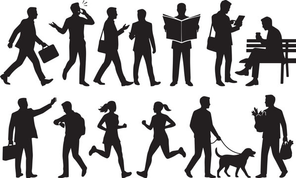 Diverse group of people silhouettes engaged in everyday activities in a city
