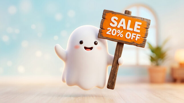 Cute cartoon ghost character holding a sale sign, representing a promotional offer with a cheerful and friendly vibe for marketing.