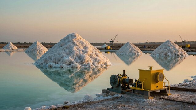 Sunset over vast salt pans with towering white salt mounds mirrored in calm water, industrial machinery nearby under golden light.