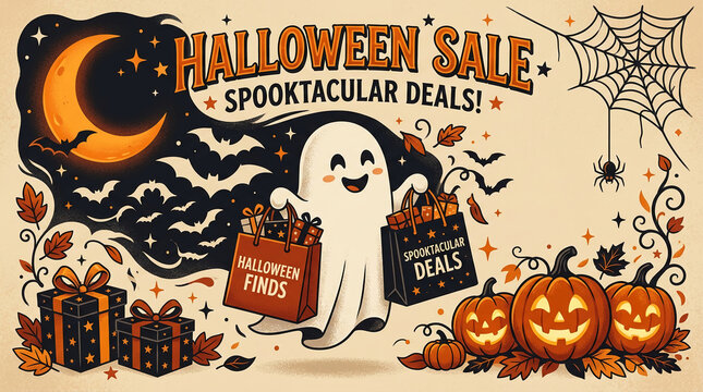 A cheerful ghost holding shopping bags declares a Halloween Sale with "Spooktacular Deals," showcasing pumpkins, gifts, bats, and a crescent moon