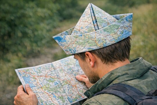 A person studying a map while wearing a paper crown, possibly for a costume or costume party