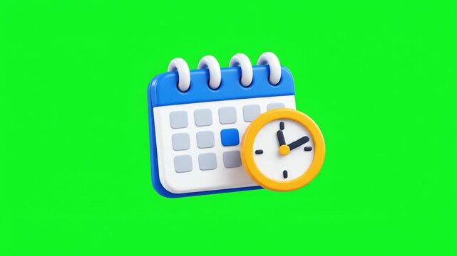 3D render of a blue calendar with a yellow clock icon isolated on a green screen background