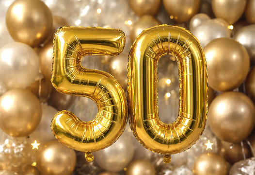 Golden foil balloons forming number fifty celebration decoration arrangement
