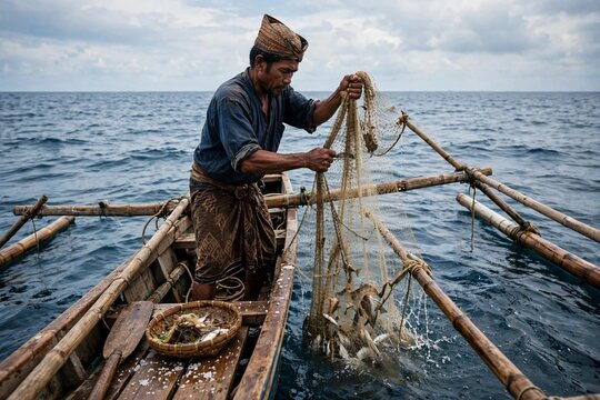 Traditional Fisherman Pulling Up Fishing Net on a Wooden Boat in the Open Sea