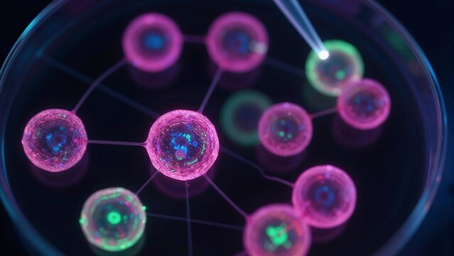 A vibrant network of glowing microscopic cells connected in a petri dish under futuristic lighting.