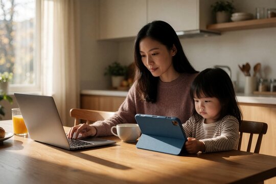 Asian mother, young daughter use laptop, tablet at kitchen table during breakfast. Woman works online little girl watches screen. Family uses digital tech for learning, communication at home in