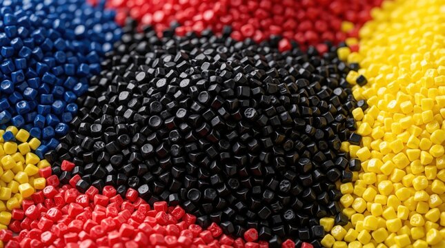 Close up of colorful plastic granules in black blue red, yellow colors. Small polymer pellets pile together for chemical industry manufacturing. Raw synthetic resin material used in plastic extrusion