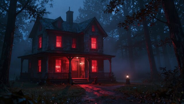 A haunted wooden house with glowing red windows stands alone in a foggy forest, casting eerie light on its porch and path.