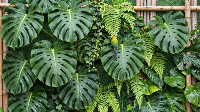 A vibrant parrot perches among large tropical leaves and ferns in a dense, verdant jungle setting with bamboo framing.