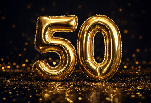 Golden foil number fifty balloons celebrating milestone anniversary event decoration
