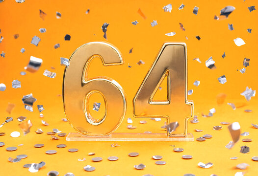 Golden Number Sixty Four Celebration Confetti Party Decoration Design