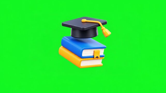 3D render of a graduation cap on top of a stack of books isolated on a green screen background