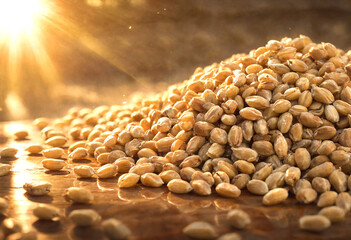 Obraz premium Golden wheat grains piled under warm sunlight natural lighting