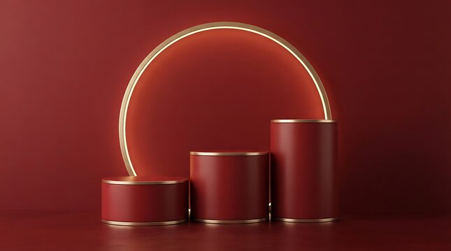 Elegant red geometric display with golden neon lighting for product presentation