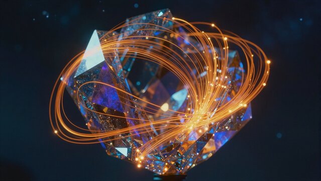A mesmerizing cluster of geometric crystals radiates golden energy strands against a dark cosmic backdrop, evoking futuristic elegance and mystical power.