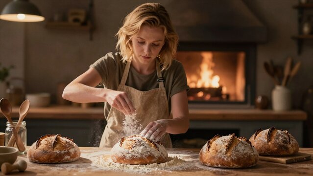 A woman sprinkles flour over warm artisanal loaves in a cozy kitchen with glowing fireplace and wooden tools nearby.
