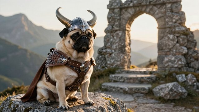 A small pug dressed as a Viking warrior with horned helmet and leather armor sits atop ancient stone ruins overlooking mountainous terrain at golden hour.