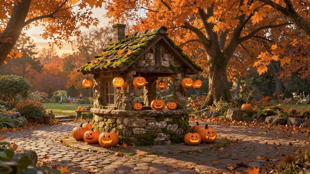 A cozy stone cottage adorned with glowing jack-o'-lanterns surrounded by vibrant orange maple trees and fallen leaves in a warm sunset glow.
