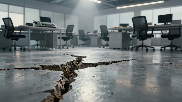 A large fissure splits a modern office floor, revealing crumbling concrete beneath rows of empty desks and chairs.