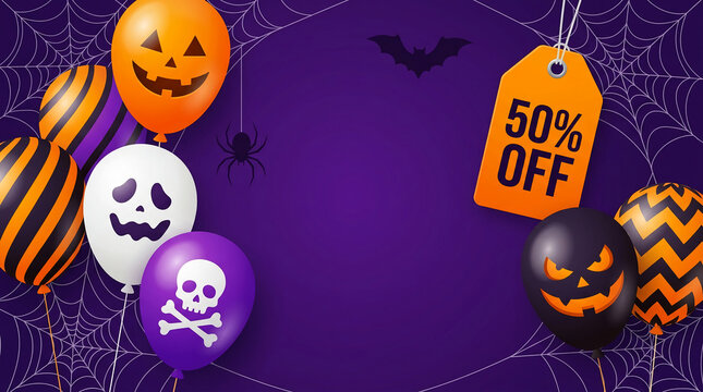Festive Halloween balloons with spooky faces, a skull, and a discount tag on a purple web background, representing holiday sales and celebrations