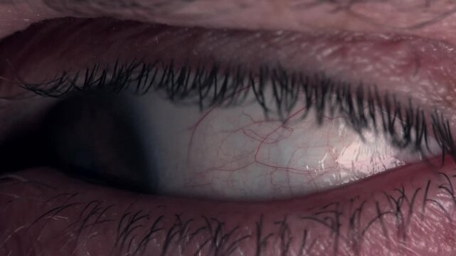 A close up shot of a human eyeball at night