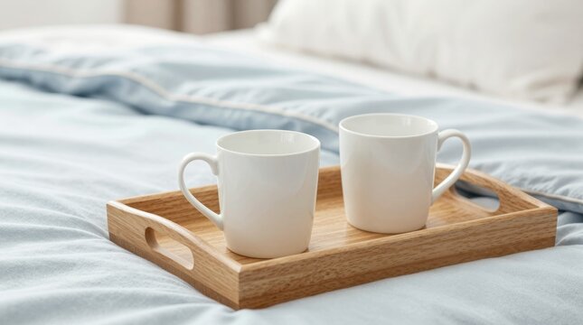 A serene scene featuring two white coffee cups on a wooden tray, set in a cozy bedroom. This image evokes warmth and relaxation, perfect for morning moments.