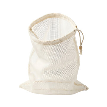 Open mesh drawstring bag with wooden bead during studio lighting against a clean canvas for produce and storage concepts Isolated on transparent background