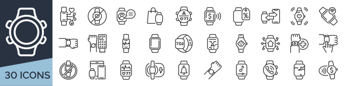 Set of 30 outline icons related to smartwatches. Linear icon collection. Editable stroke. Vector illustration