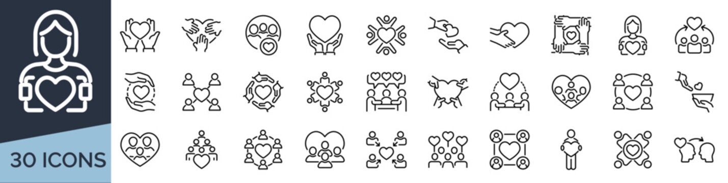 Set of 30 outline icons related to philanthropy. Linear icon collection. Editable stroke. Vector illustration
