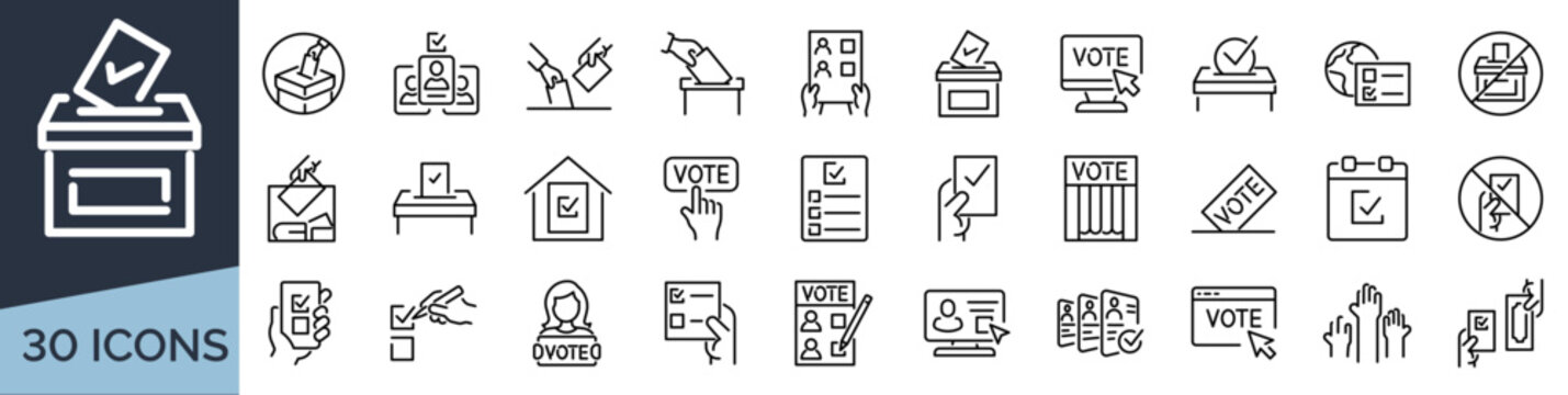 Set of 30 outline icons related to voting. Linear icon collection. Editable stroke. Vector illustration