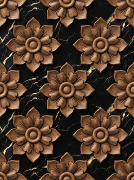 3D Wooden Carved Flower Seamless Pattern on Black Marble Background