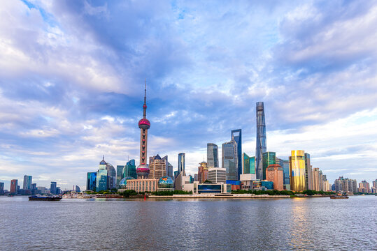 Shanghai,China,Pudong, The Bund: Scenic view of Skyscrapers with Oriental Pearl Tower, Huangpu river at downtown,