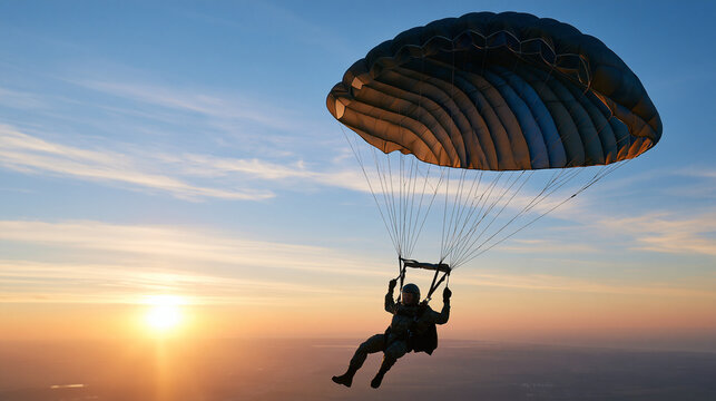 Faceless airborne soldier with a parachute jumping out of an airplane at sunrise, paratrooper training and skydiving concept, with copy space