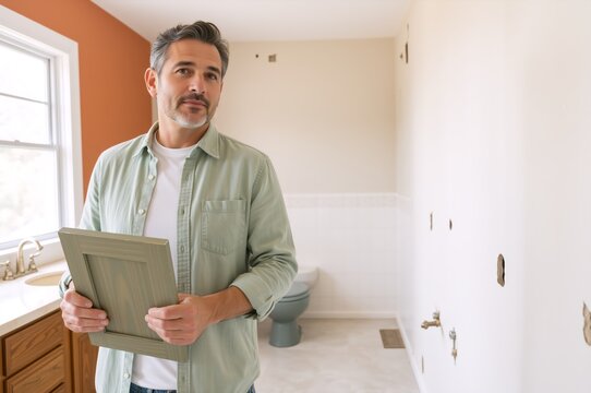 Mature man holding cabinet door sample in bathroom renovation. Homeowner or contractor remodeling interior room. DIY home improvement