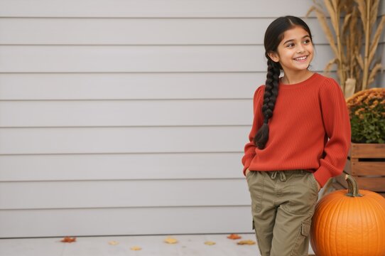 Happy smiling girl standing next to big pumpkin. Cheerful child in autumn sweater by house wall. Autumn season copy space