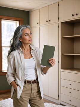 Mature woman holding color swatch in bedroom. Interior design and home renovation concept