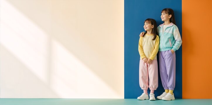 Two smiling young girls standing against colorful backdrop. Studio banner with copy space