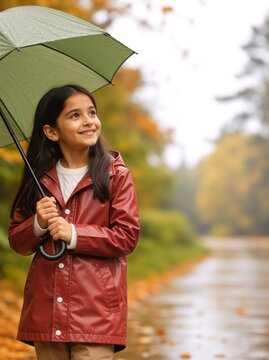 Smiling girl holding umbrella in autumn park. Vertical portrait of child in red raincoat during rainy day