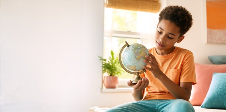 Young boy holding and looking at a world globe indoors. African American child studying geography at home. Education and learning concept. Copy space for text