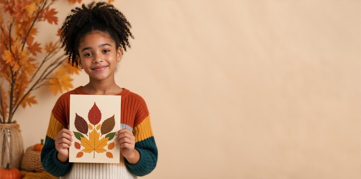 Young girl holding autumn leaf craft on paper. African American child showing handmade fall art project. Seasonal creative activity concept. Copy space for text