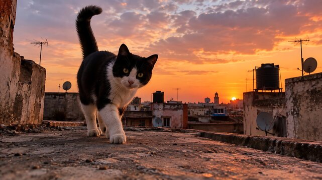 Black and White Cat on a Rooftop at Sunset Over the City