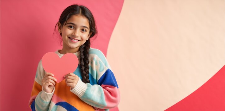 Young girl holding a pink paper heart. Smiling child with braided hair on colorful geometric background. Love and charity concept. Copy space for text