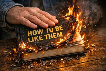 Obraz premium A person holding a book on fire with motivational quotes, can be used for inspirational or educational purposes