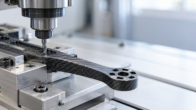 CNC machine drilling a carbon fiber drone arm in a factory. Drone manufacturing and assembly. Precision engineering, aerospace production and robotics. Composite component fabrication.