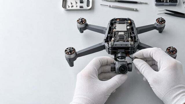 Gloved hands assembling a camera on an open quadcopter drone at a workbench. Drone manufacturing and precision assembly. Aerial technology, robotics and electronics repair.