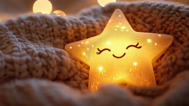 Cute glowing star night light wrapped in soft knitted blanket with sleepy face creates warm cozy bedtime mood for nursery decor childhood comfort dreamy evening atmosphere and peaceful sleep concept