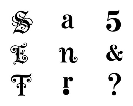 Alphabet and number silhouettes set with letters S, E, T, a, n, r, 5, ampersand and question mark for typography and design