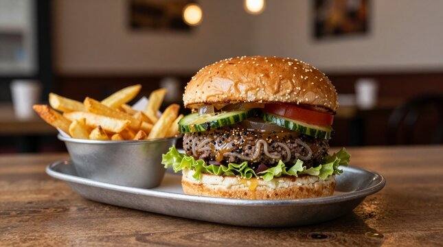 A mouthwatering hamburger featuring fresh vegetables like lettuce and tomato, served with golden crispy fries. Perfect for food lovers and dining experiences.